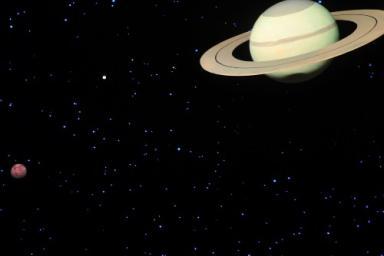 Photographie du diorama représentant Saturne et son satellite Titan